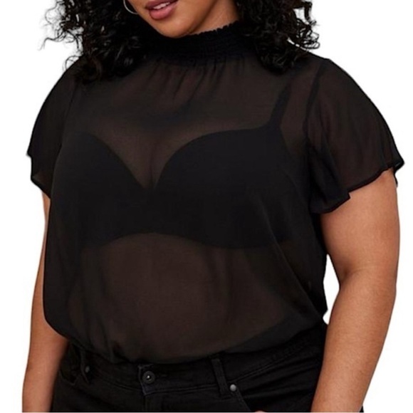 Torrid Black Sheer Chiffon Mock Neck Flutter Sleeve Top Women’s Size 0, Large - Picture 1 of 12